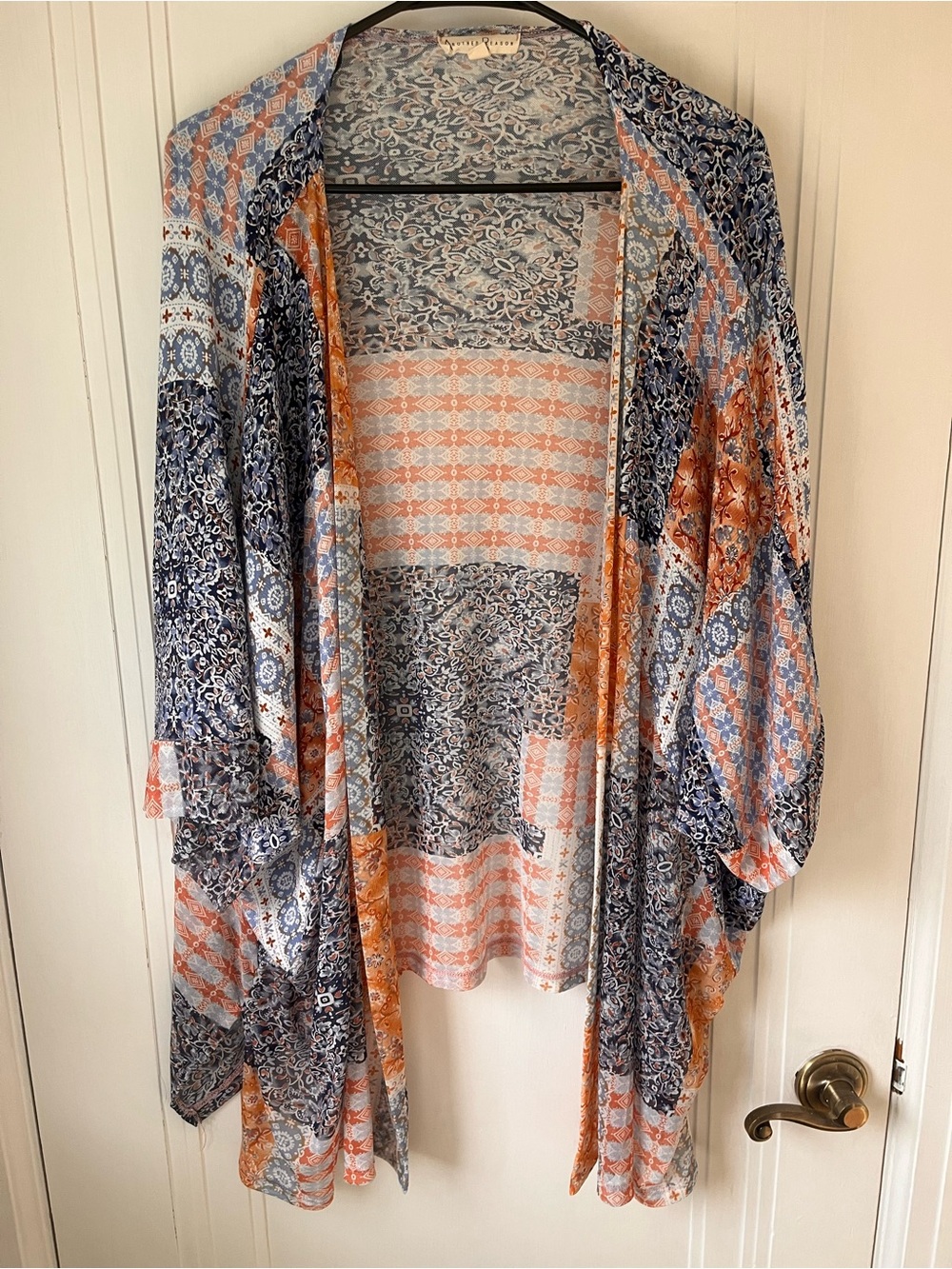 Sheer Swim Cover Up Patchwork Kimono Boho Coastal Beach Large Blue Orange Flowy